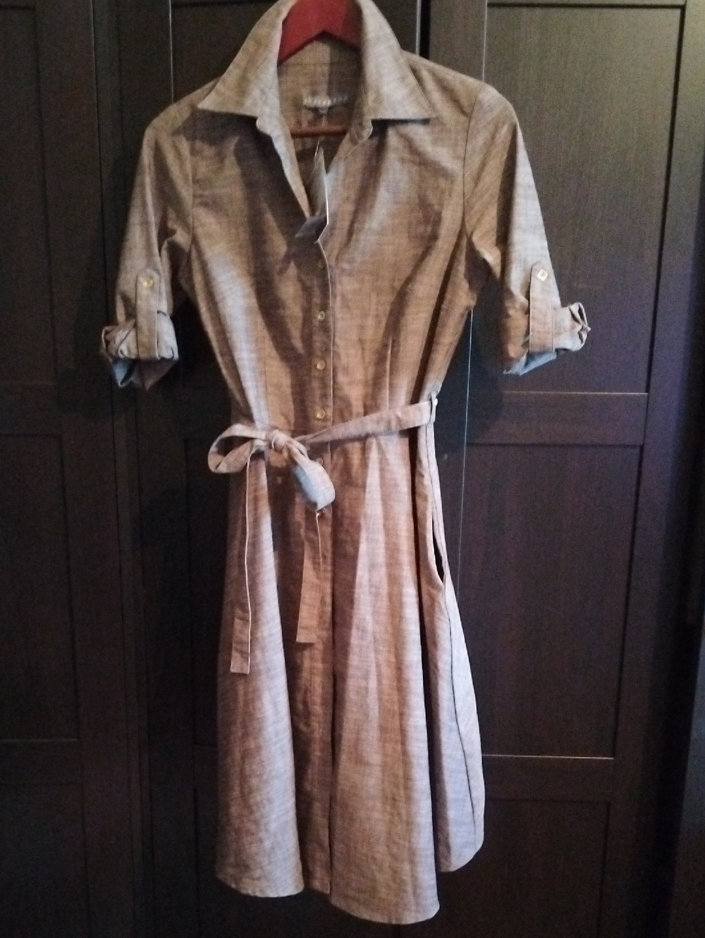 NWT Sharagano Chocolate Color Shirt Dress with Waist Tie, Cotton Blend - Size 6
